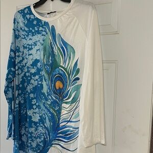 Adorable Just Fashion Now Peacock Feather Print Long Sleeve Top - Blue and White